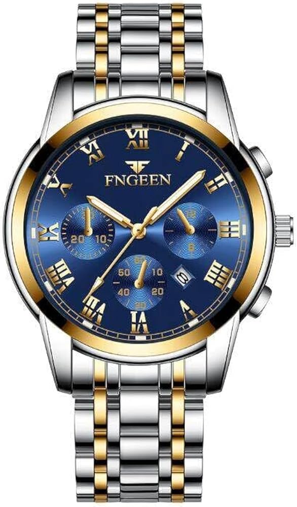 Tevimpeya Reloj analógico mecánico automático para hombre con correa de acero inoxidable, correa dorada plateada azul