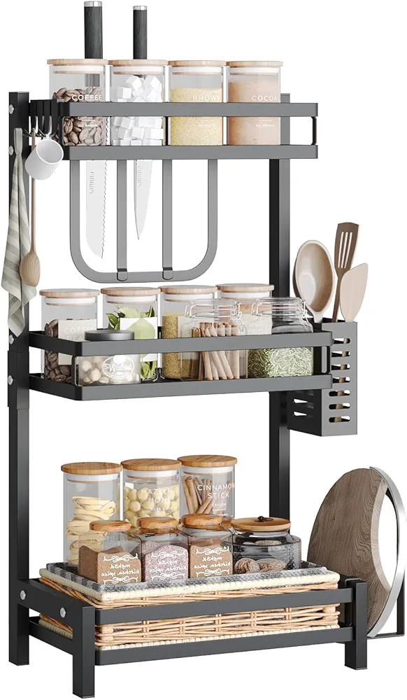 NETEL Especiero para Cocina Encimera, Organizador Especias, Estante de Almacenamiento para Condimentos de 3 Niveles Resistente al óxido con Soporte para Utensilios, Tablas de Cortar y Cuchillos, Negro