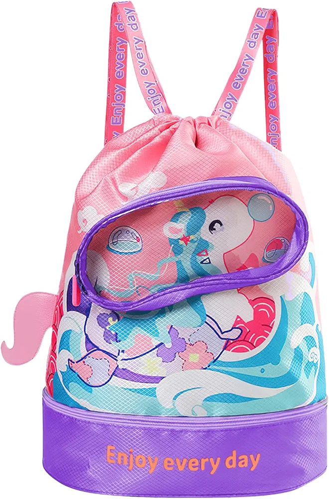 SilverChry Bolsa de Natación Niño, Mochila Piscina Niño Impermeable, Mochila de Cuerdas Niños, Bolsa de Deporte con Cordón, Bolsa Piscina Niño Separación en Seco-Húmedo con Compartimento