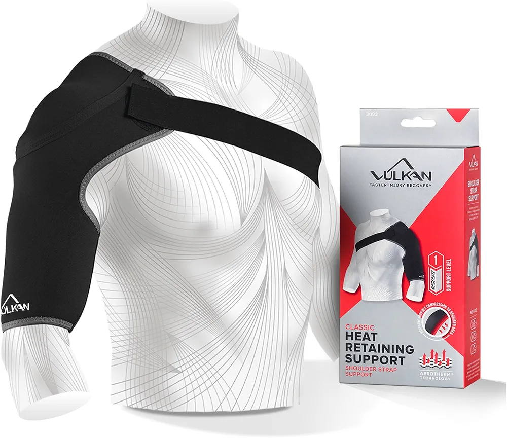 Vulkan Soporte de hombro clásico deportivo, mediano, soporte de hombro para lesiones del manguito rotador, soporte de articulación AC y dislocaciones, correa de hombro para hombres y mujeres, soporte