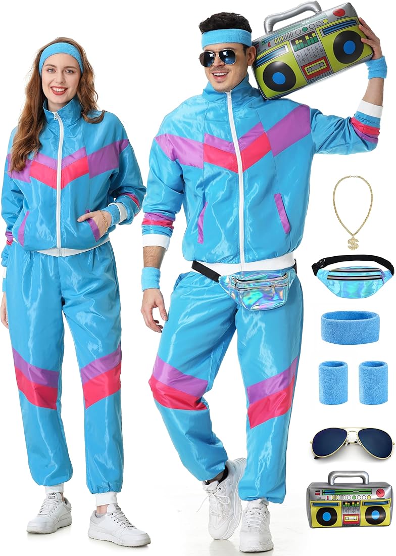 KUKIKUKI Chándales de los años 80 para hombre y mujer, chándal retro, pantalones, disfraz deportivo para hombre, traje para correr de los años 80