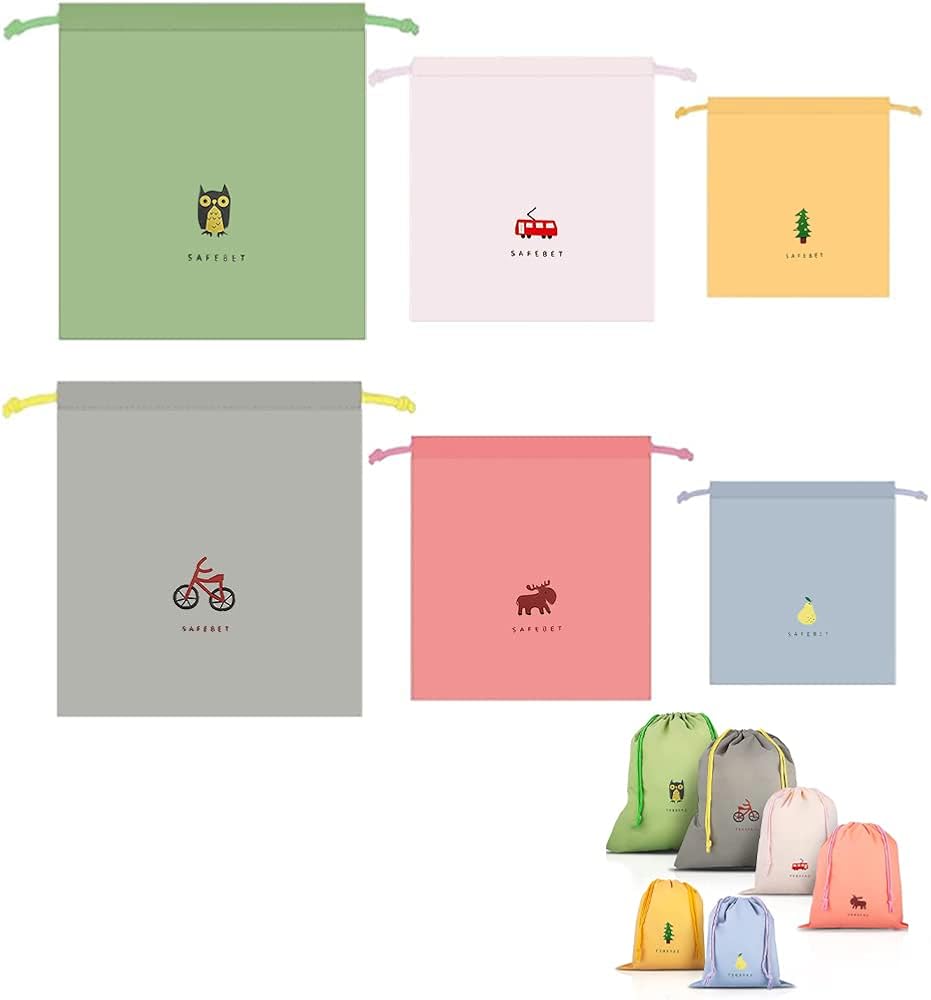 LATRAT Juego de 6 bolsas de deporte impermeables con cordón, bolsa de deporte, de plástico, para guardería, playa, hombre, niño, para artículos de tocador, 3 tamaños, multicolor, grande,medio,Piccolo,