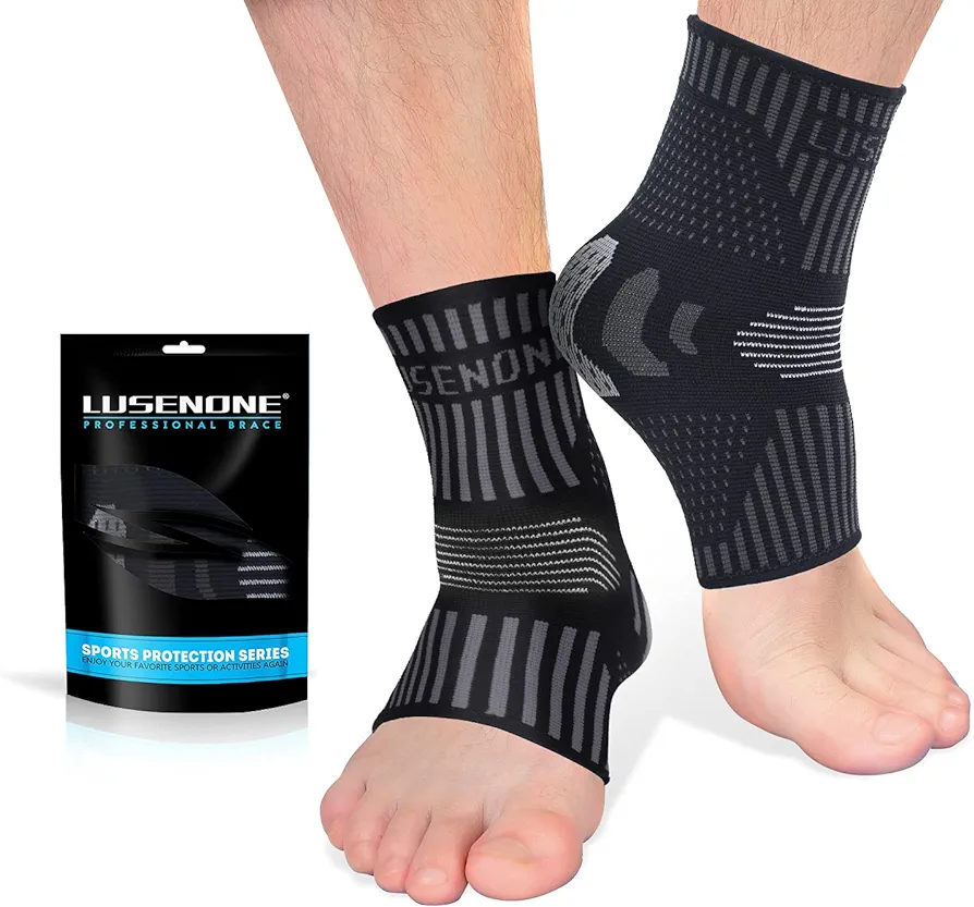 Lusenone Pack de 2 tobilleras profesionales transpirables para fascitis plantar, calcetines de compresión antideslizantes para dolor articular, lesiones ligamentarias, tendinitis de Aquiles, deporte