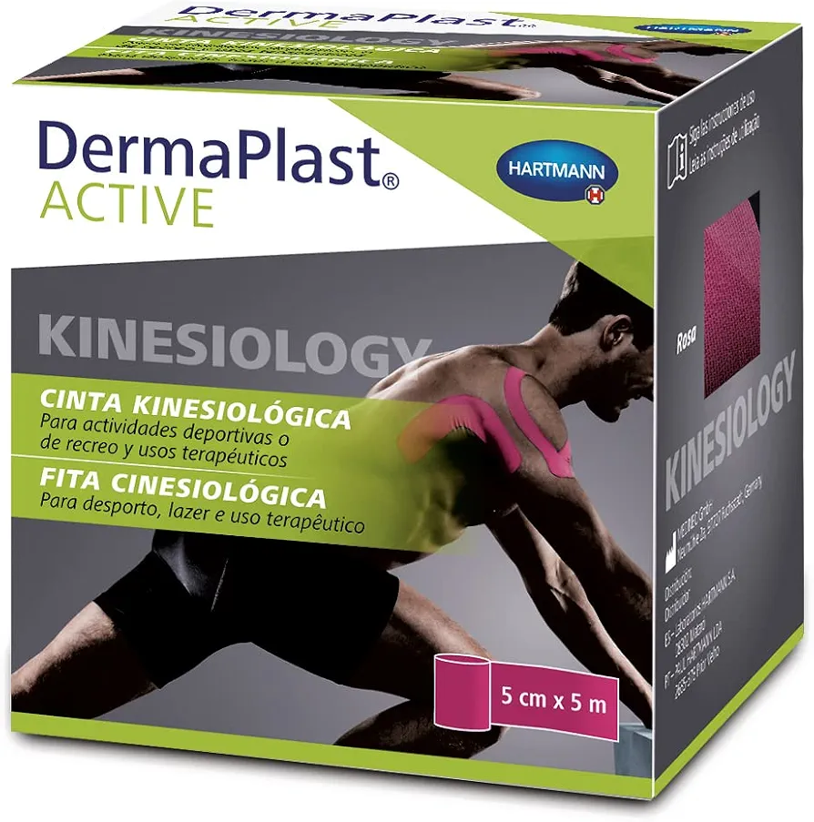DermaPlast Active, Kinesiotape, Cinta Kinesiológica, Vendaje Neuromuscular para Prevenir y Tratar Lesiones Deportivas y Tensiones Musculares, Color Rosa (5cm x 5m)