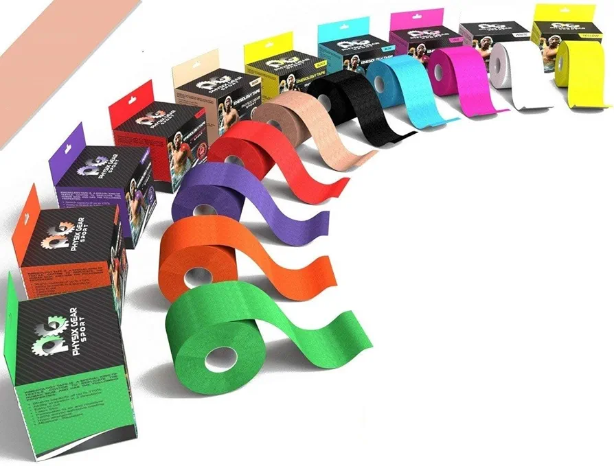 Physix Gear Kinesiology tapes, el mejor kinesiotape con adhesivo de grado médico, cinta kinesiológica con guía, cinta deportiva resistente al sudor y al agua