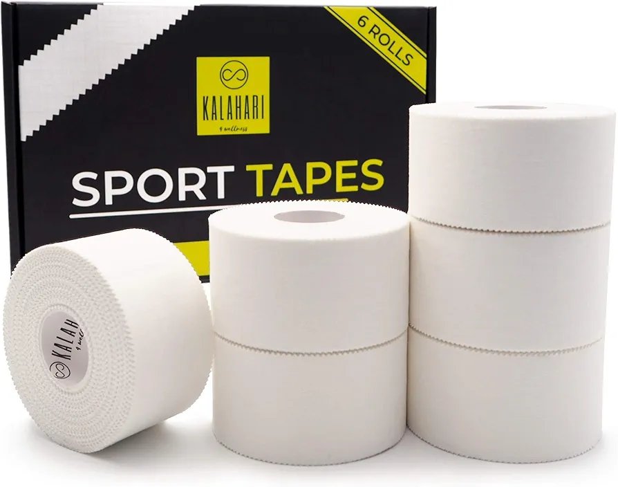 KALAHARI 6 x Tape Deportivo Blanco - EXTRA LONGITUD 3.8cm x 13.7m – Cinta Adhesiva - Vendaje Funcional para Crossfit, Escalada, Vóleibol, Boxeo, de Dedos – Esparadrapo No Elástico 100% Algodón