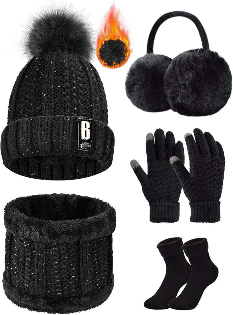 Yuson Girl Conjunto de gorro y bufanda de punto, forro polar de invierno, forro de lana Beanie Hat, calentadores de cuello para mujeres
