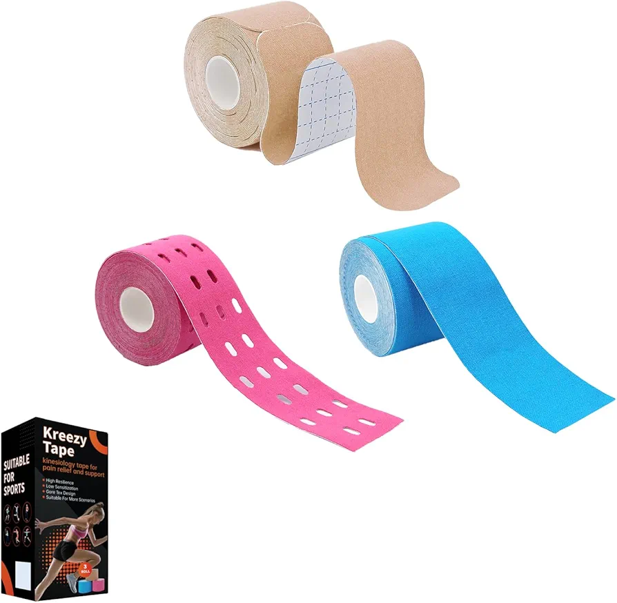 Kreezy Cintas atléticas impermeables, 3 rollos con 3 tipos de cinta de kinesiología transpirable para aliviar el dolor muscular y soporte articular, diseñado con materiales hipoalergénicos