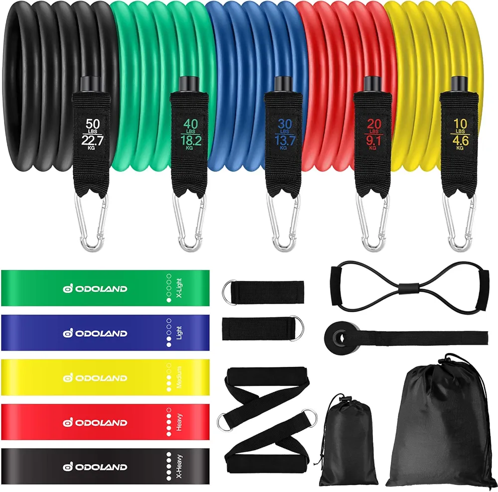 Odoland Set Bandas Elasticas de Fitness con 5 Bandas Elásticas de Resistencia, Loop Band, Asas, Correas de Tobillo, Anclaje para Puerta y Guía, Kit de Entrenamiento para Fitness Yoga Pilates