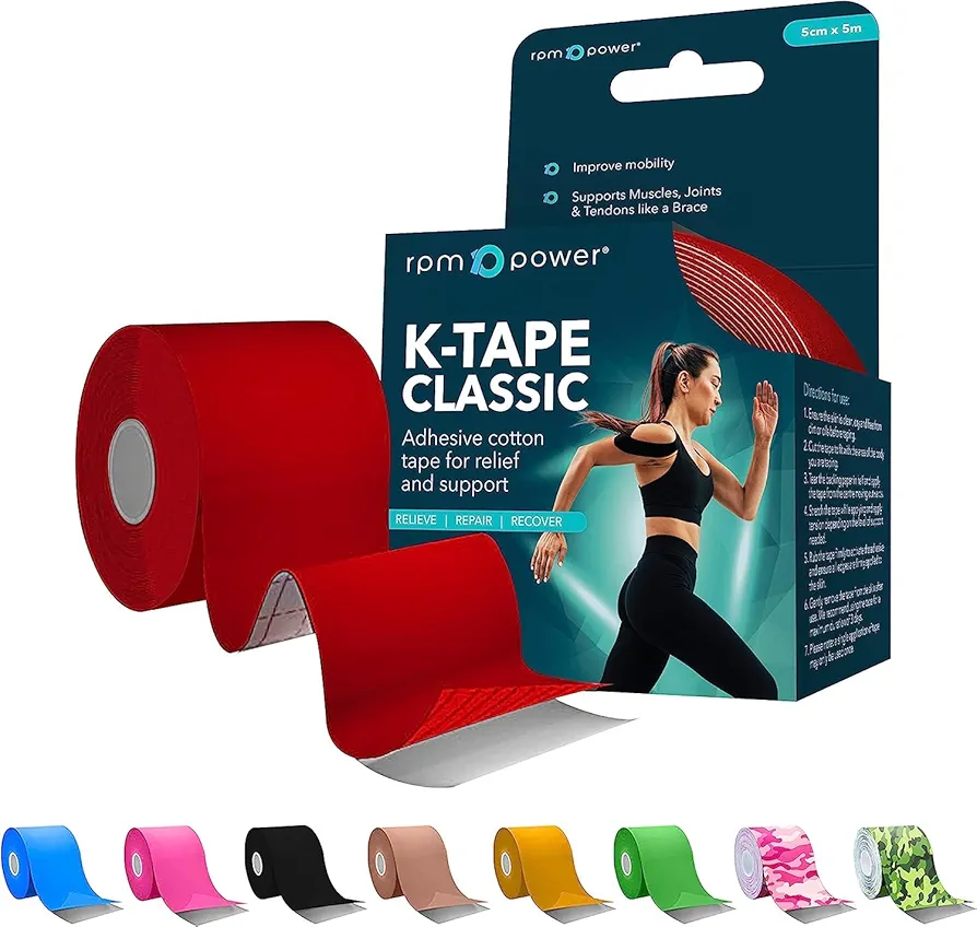 Cinta kinesiológica RPM Power (5 metros) - Cinta kinesiológica sin látex e impermeable para músculos y articulaciones, perfecta para la rehabilitación deportiva (Caja individual, Rojo)