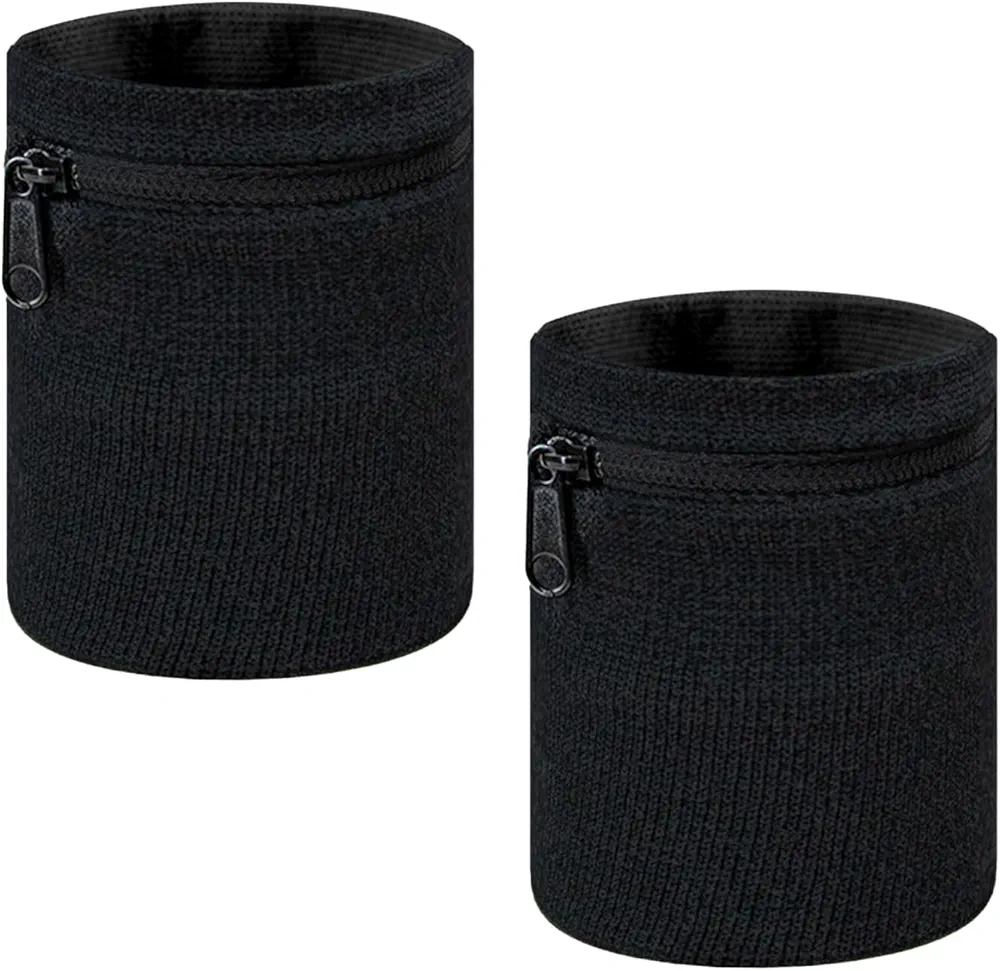 2 unidades de bolso de muñeca negro, bolso deportivo con práctica cremallera, portátil de nailon, monedero unisex, almacenamiento de artículos pequeños, para correr y hacer deporte